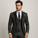 Dreiteiliger Herrenanzug in Slim Fit – Elegante Weste mit Satinrevers für formelle Hochzeiten – Schwarz