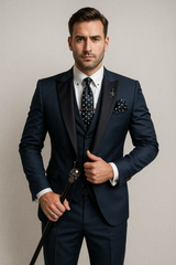 Dreiteiliger Herrenanzug in Slim Fit – Elegante Weste mit Satinrevers für formelle Hochzeiten – Marineblau