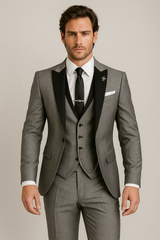 Dreiteiliger Herrenanzug in Slim Fit – Elegante Weste mit Satinrevers für formelle Hochzeiten – Grau