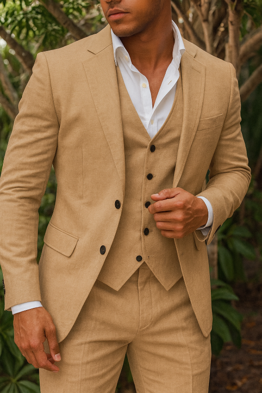 Dreiteiliges Herrenanzugset aus Leinen – Blazer, Weste und Hose, ideal für Hochzeiten und formelle Anlässe
