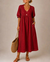 Arietta - Leinenkleid mit Spitzendetails – Rot