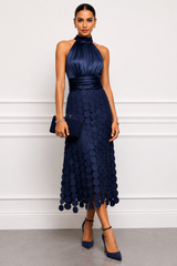 Amabel - Luxuriöses Neckholder-Midikleid – Marineblau