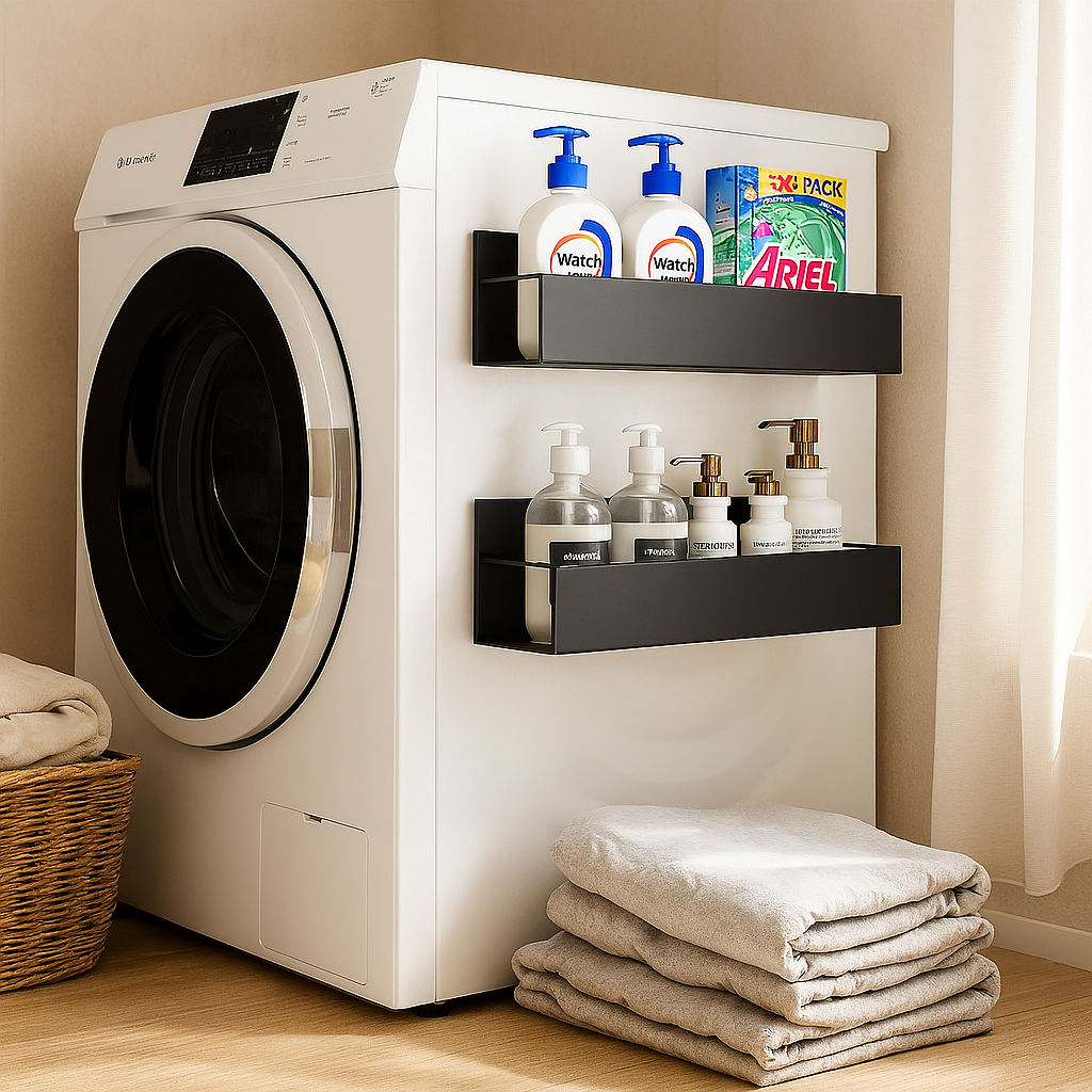 Magnetisches Seitenregal – Schwarzes Metall, Wandmontage ohne Bohren für Kühlschrank oder Waschmaschine