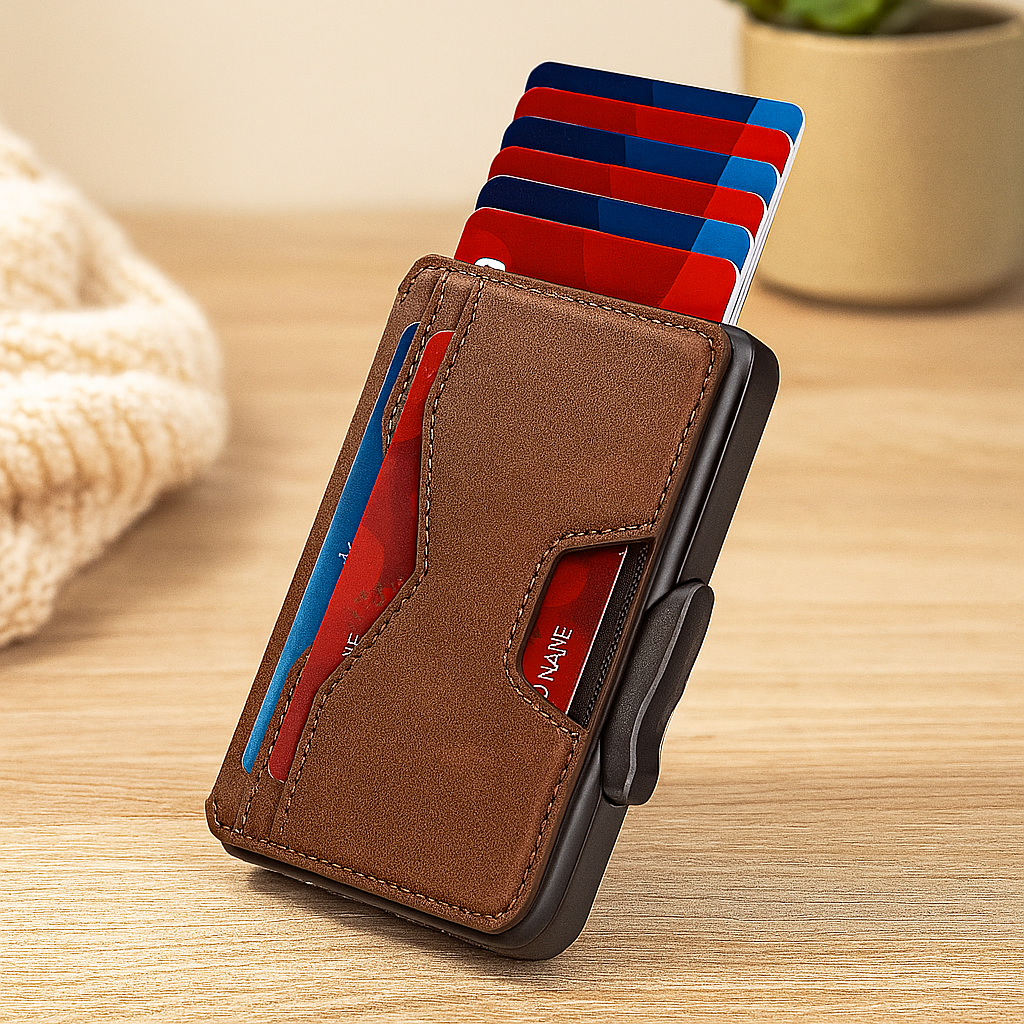 Aluminium-Kartenetui für Herren – RFID-blockierend mit Magnetverschluss und PU-Lederbesatz