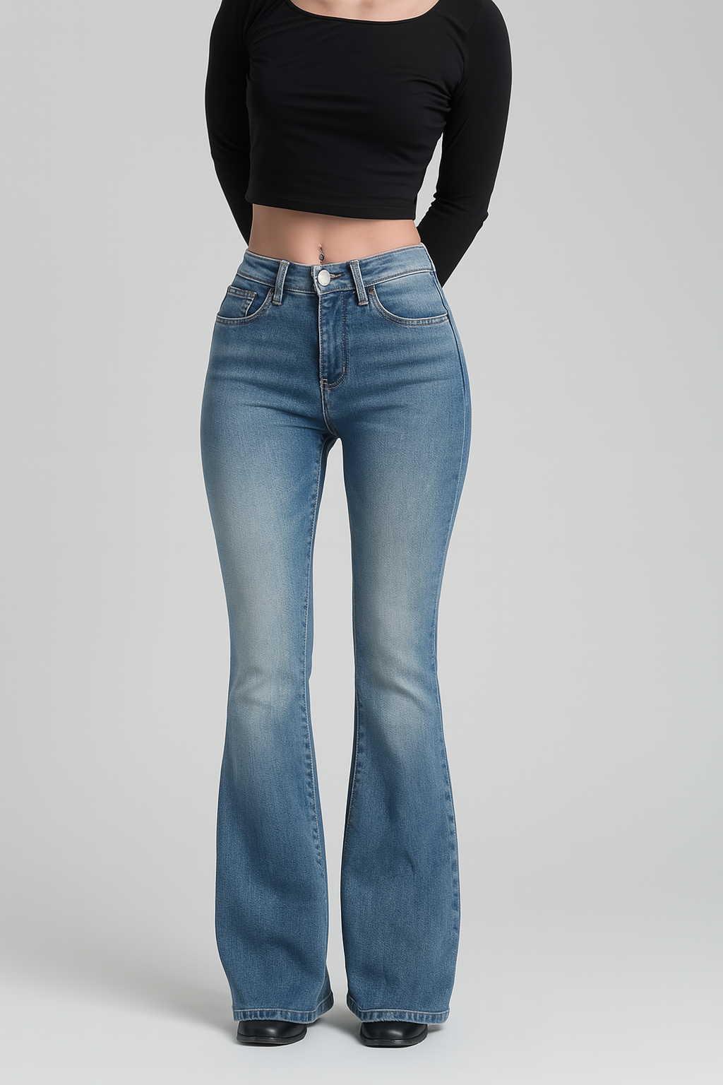 Sarah – Damen-Schlagjeans mit hohem Bund im Vintage-Stil aus Stretch-Denim