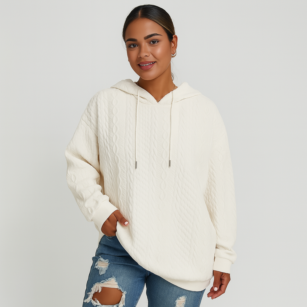 Damen Kapuzenpullover in großen Größen – Unifarbener Rippstrick mit Kordelzug & Stretch