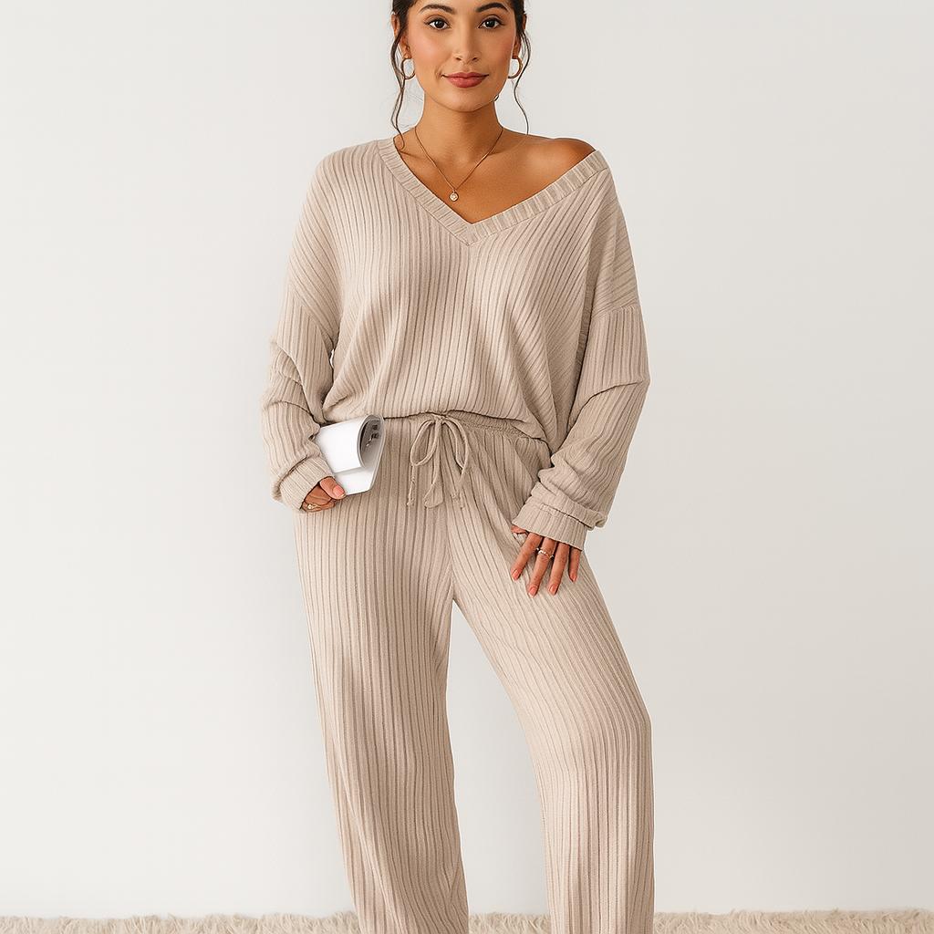 Damen Lounge-Set aus Rippstrick – Unifarbenes V-Ausschnitt-Top & Jogginghose mit Gummibund