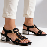 Marcella - kristallverzierte Slingback-Sandalen mit Blockabsatz – Schwarz