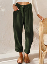 Cordhose Damen | High Waist Hose mit Bundfalten & Umschlagsaum – Grün