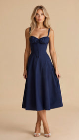 Lydia | Damen Korsett-Midikleid mit fließendem Rock – Schwarz