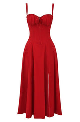 Lydia | Damen Korsett-Midikleid mit fließendem Rock – Rot