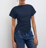 Cropped T Shirt Damen | Asymmetrisch & Drapiert – Dunkelblau