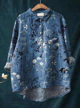 Elena | Damenbluse leicht aus Baumwolle und Leinen mit Print – Dunkelblau
