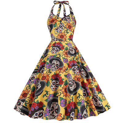 Damen Halloween Kleid | Rockabilly Kleid mit Totenkopf Print und Neckholder