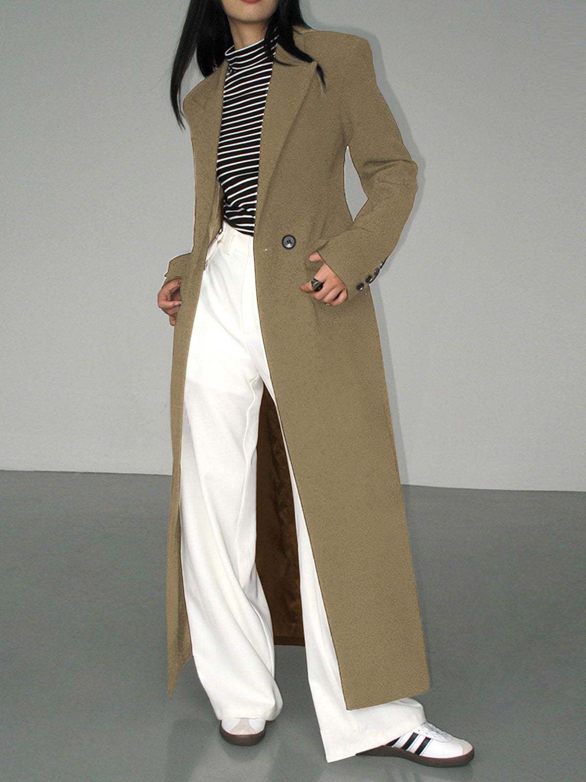 Damen Blazer Mantel Woven Fabric Elegant Mit Taschen