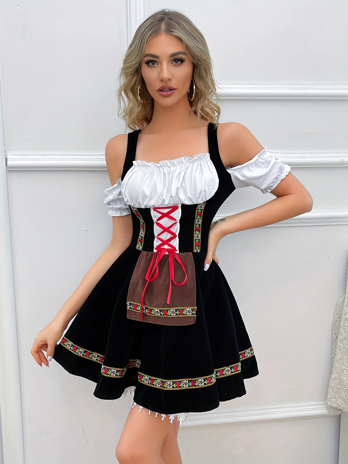 Damen Dirndl Kleid Schulterfrei Trachtenkleid mit Fließendem Rock für Oktoberfest