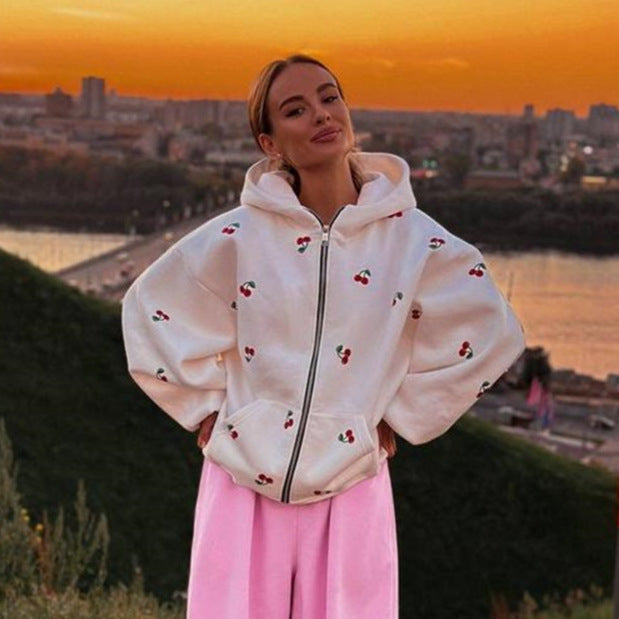 Damen Kapuzenpullover Hoodie mit Reißverschluss und Fruchtigem Print