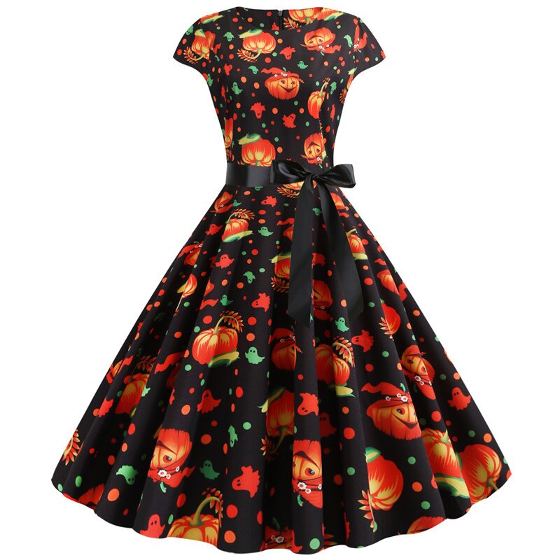 Damen Halloween-Kleid mit Print Kurzarm & Ausgestellter Knie-Länge | Midi