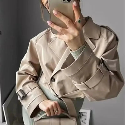 Damen Trenchcoat Kurz Leicht Tailliert mit Reverskragen und Gürtel