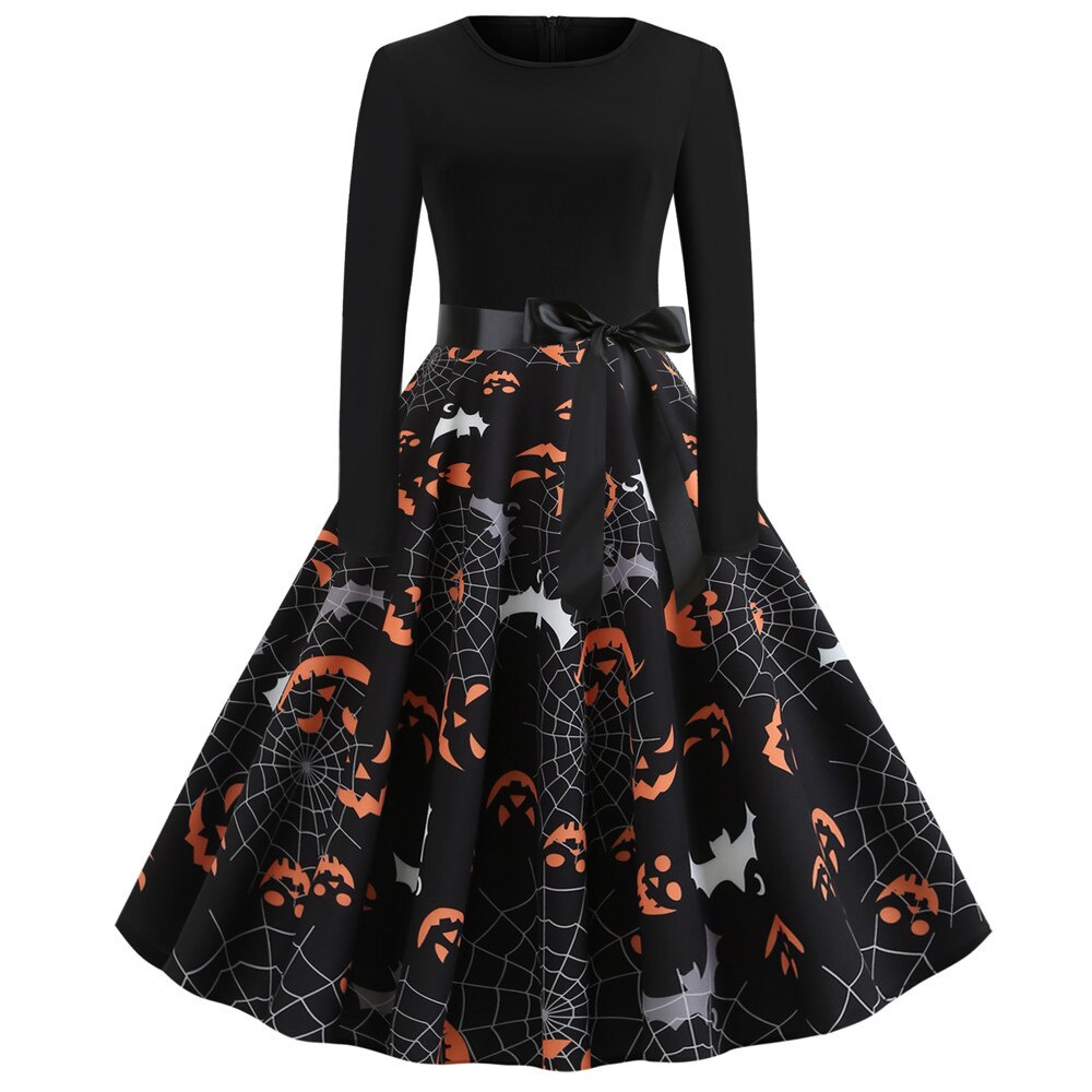 Damen Halloween-Kleid mit Print | Langarm & Ausgestellter Schnitt