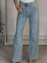 Damenjeans Denim | Glitzer-Details & figurstreckender Schlag – Blau