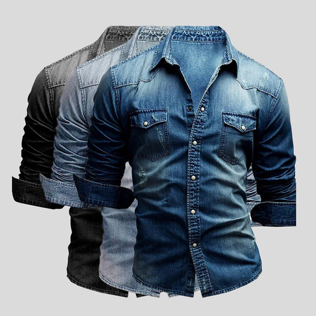 Denim Hemd - Herren Slim Fit Langarm Hemd mit Knopfleiste