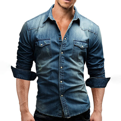 Denim Hemd - Herren Slim Fit Langarm Hemd mit Knopfleiste