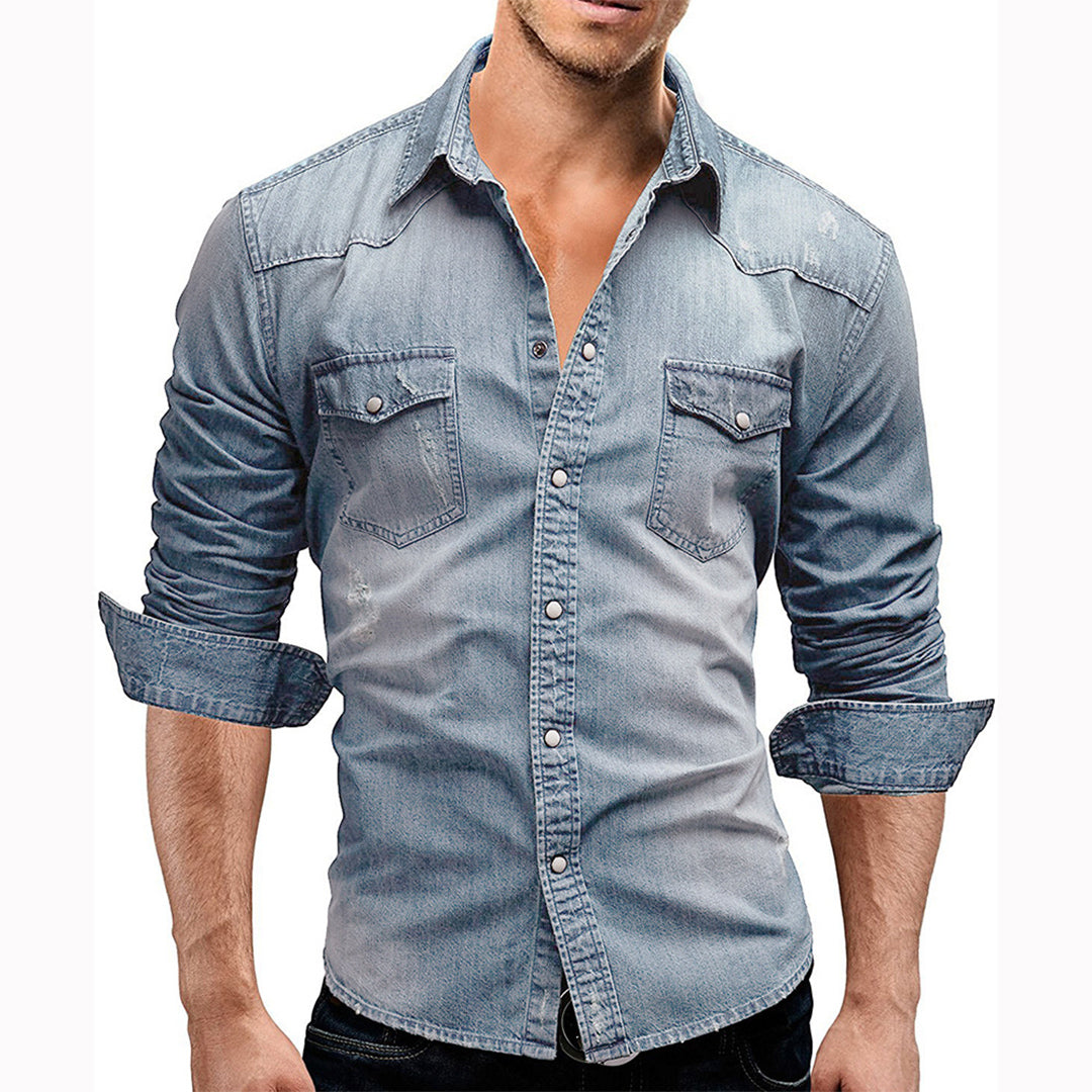 Denim Hemd - Herren Slim Fit Langarm Hemd mit Knopfleiste
