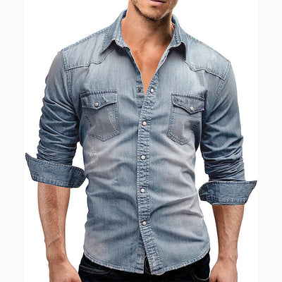 Denim Hemd - Herren Slim Fit Langarm Hemd mit Knopfleiste