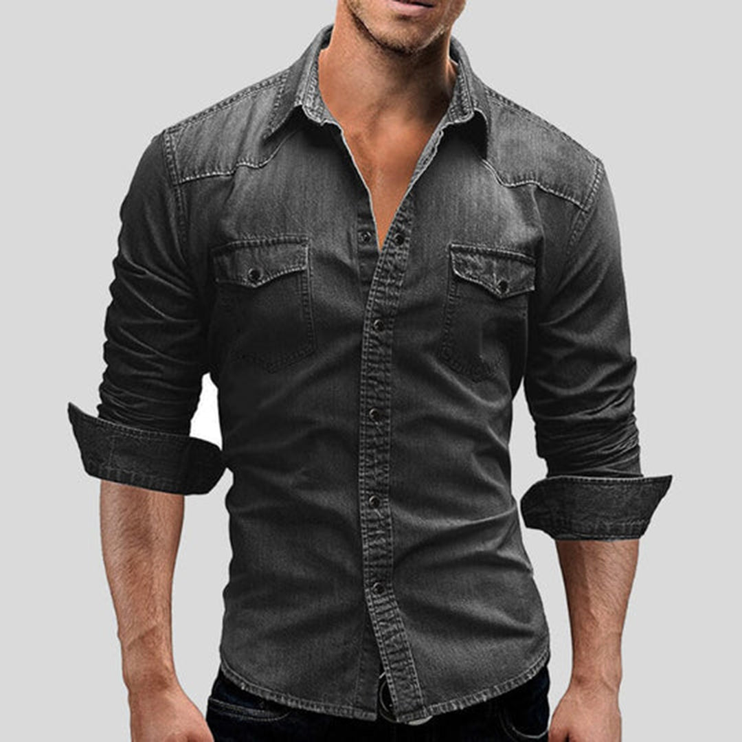 Denim Hemd - Herren Slim Fit Langarm Hemd mit Knopfleiste