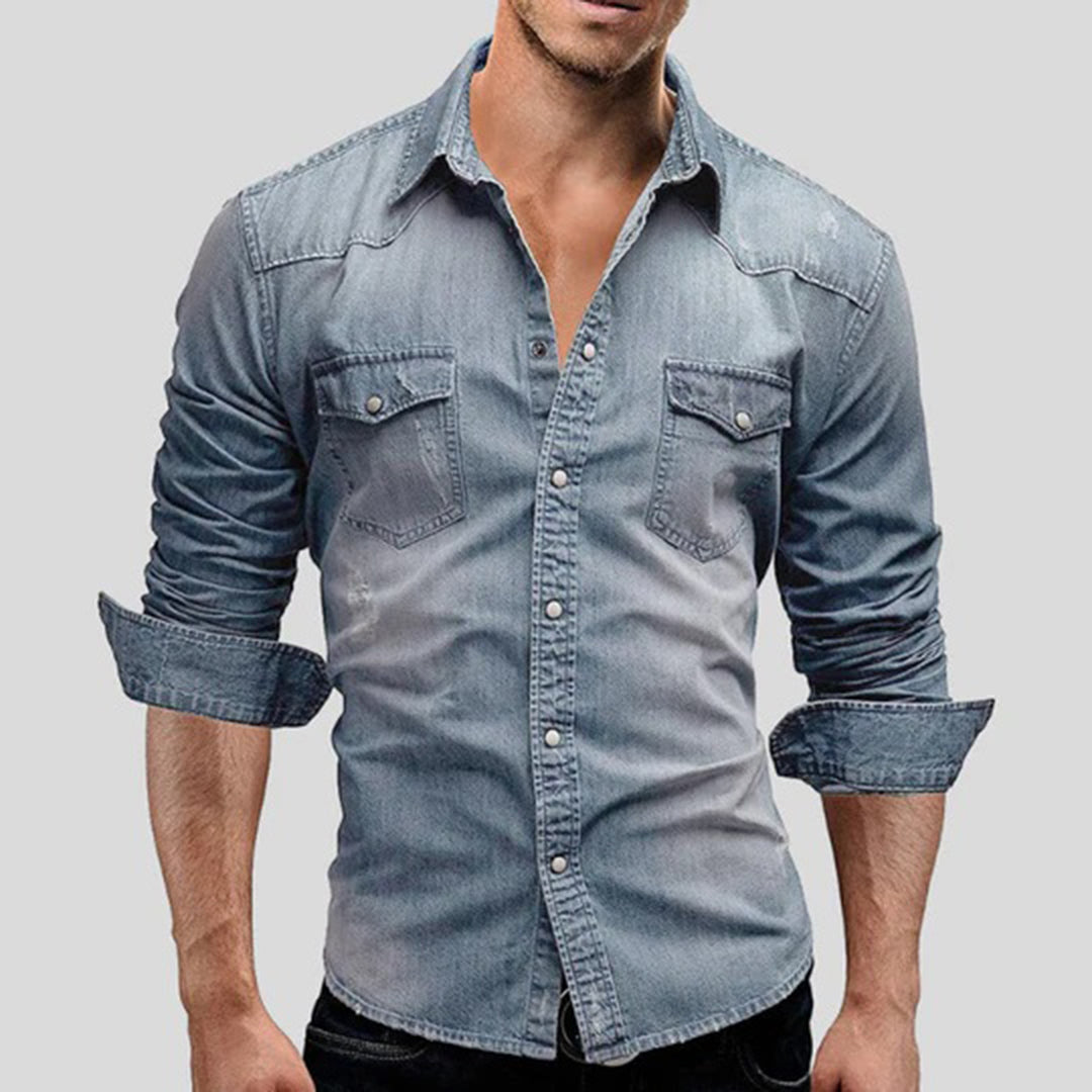 Denim Hemd - Herren Slim Fit Langarm Hemd mit Knopfleiste
