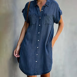Denim Kleid Damen | Hemdblusen-Design & Knopfleiste für Alltag – Dunkelblau