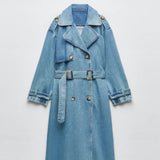 Carolin | Damen Langer Jeans-Trenchcoat mit Gürtel – Blau