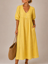 Arietta - Leinenkleid mit Spitzendetails – Gelb