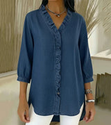 Damen V-Ausschnitt Denim Bluse - Langarm Top Mit Rüschen – Marine Blau