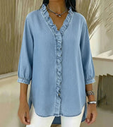 Damen V-Ausschnitt Denim Bluse - Langarm Top Mit Rüschen – Hellsblau