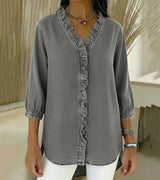 Damen V-Ausschnitt Denim Bluse - Langarm Top Mit Rüschen – Grau