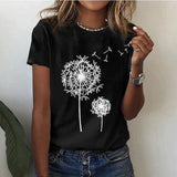 Kurzarm T Shirt Damen | Grafik-Print mit Pusteblumen-Motiv – Schwarz