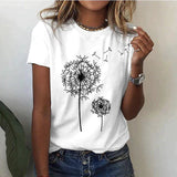 Kurzarm T Shirt Damen | Grafik-Print mit Pusteblumen-Motiv – Weiß