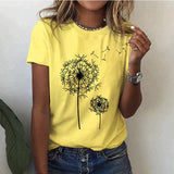 Kurzarm T Shirt Damen | Grafik-Print mit Pusteblumen-Motiv – Gelb