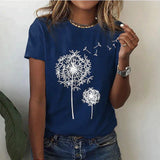 Kurzarm T Shirt Damen | Grafik-Print mit Pusteblumen-Motiv – Blau