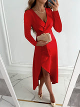 Renate | Damen Midi-Etui-Kleid mit V-Ausschnitt und Schlitz – Rot