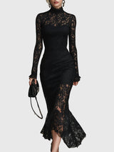 Nadine | Damen Spitzen Fischschwanz Maxikleid – Spitze Mermaid Maxi Elegant 2026 – Schwarz