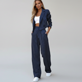 Regina | Damen gestreifter Blazer & weite Hose Set – Marineblau