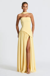 Elegantes Korsettkleid mit Schal-Detail und hohem Schlitz | Damenmode – Zitronengelb