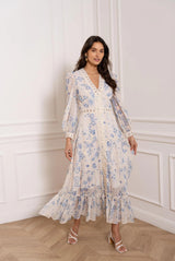 Maxikleid Damen | Florales Muster mit Spitzendetails & Rüschensaum – Hellblau