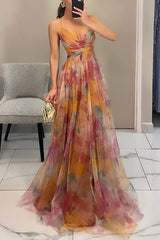 Elegantes Maxikleid mit Blumendruck für Damen Frühling – Orange