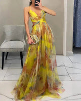 Elegantes Maxikleid mit Blumendruck für Damen Frühling – Gelb