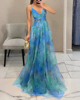 Elegantes Maxikleid mit Blumendruck für Damen Frühling – Blau