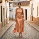 Elegantes Midikleid Damen Neckholder Tailliert – Aprikose
